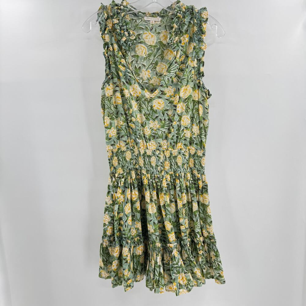 Anna Cate Morgan Mini Dress Sz M Geen Floral Ruched Ruffle